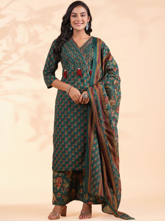 Vbuyz Floral Printed Regular Sequinned Pure Cotton Kurta With Palazzos & Dupatta