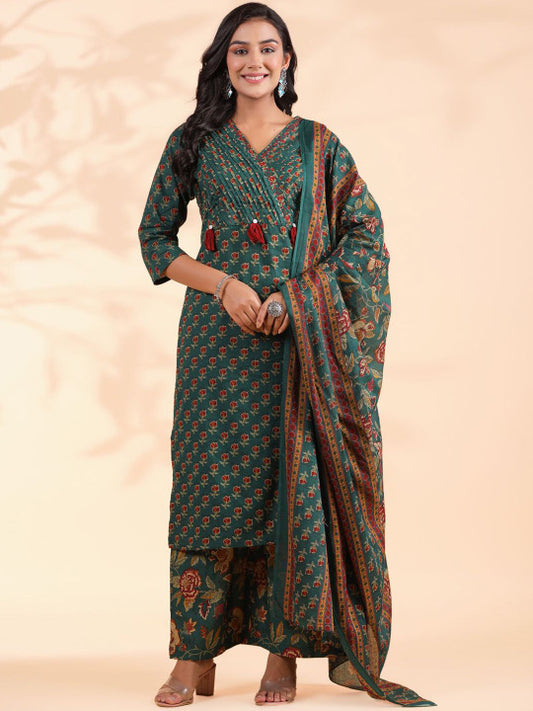 Vbuyz Floral Printed Regular Sequinned Pure Cotton Kurta With Palazzos & Dupatta