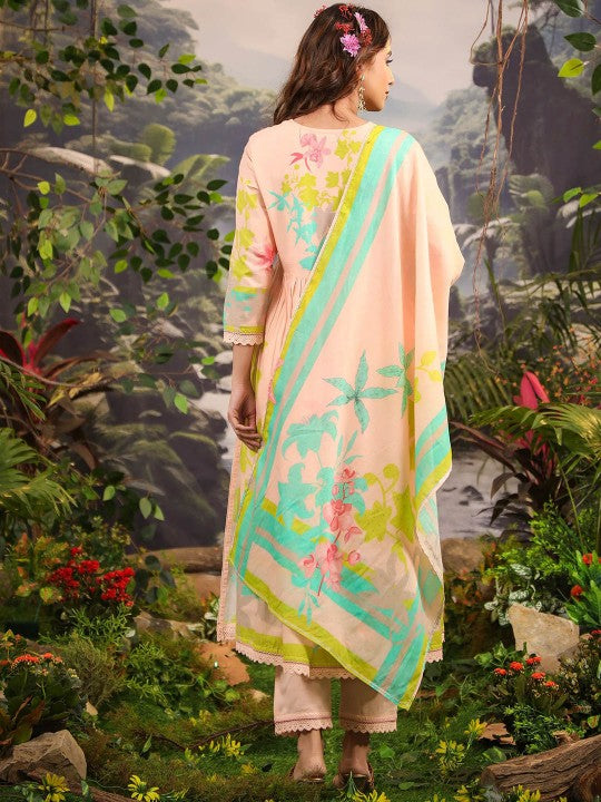AARAAS Women Floral Embroidered Pure Cotton Anarkali Kurta with Pyjama & Dupatta