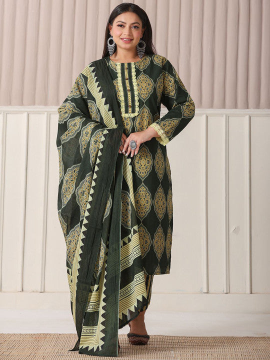 Yufta Plus Size Ethnic Motifs Printed Pure Cotton Straight Kurta With Trousers & Dupatta