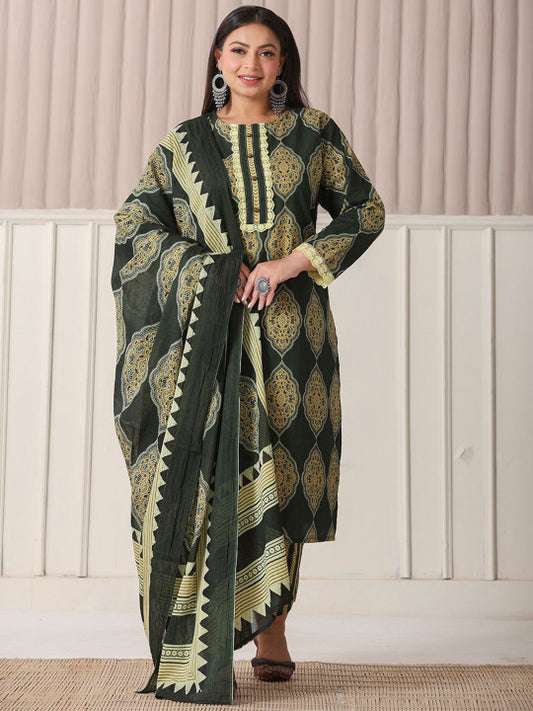 Yufta Plus Size Ethnic Motifs Printed Pure Cotton Straight Kurta With Trousers & Dupatta