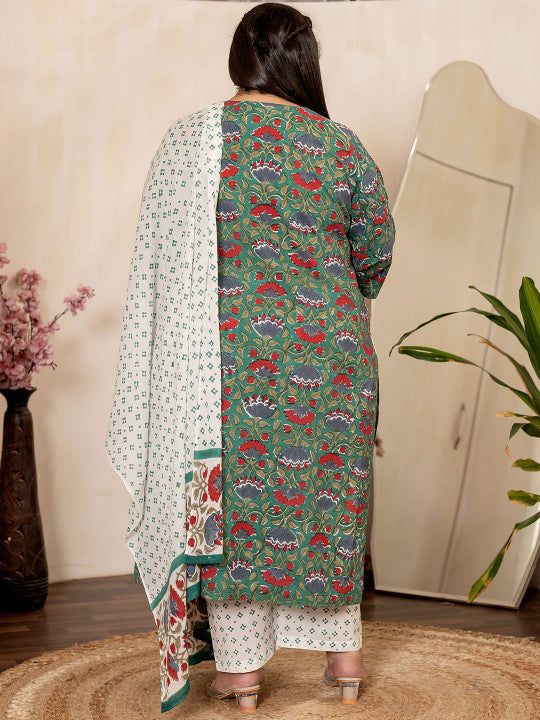 Floral Printed V-Neck Pure Cotton Kurta With Trousers And Dupatta