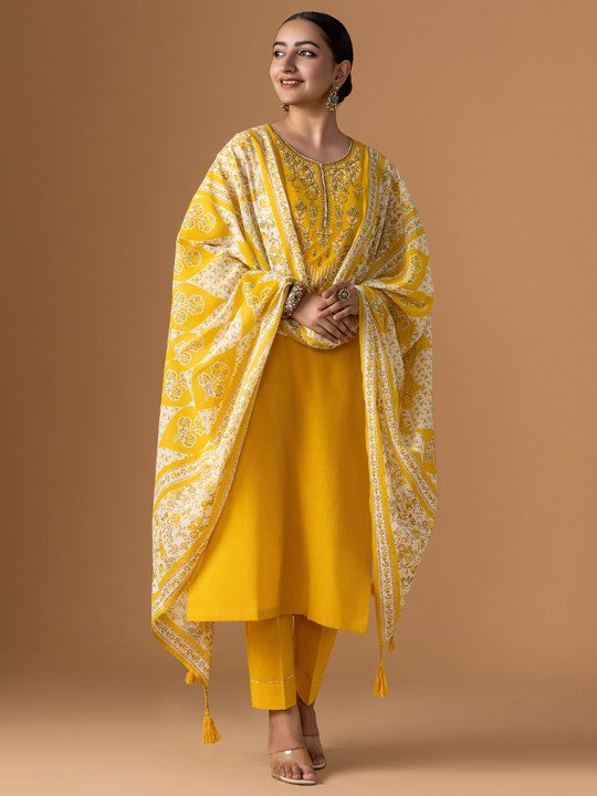 WOMEN PLUS Plus Size Floral Yoke Design Pure Cotton Kurta With Trouser & Dupatta