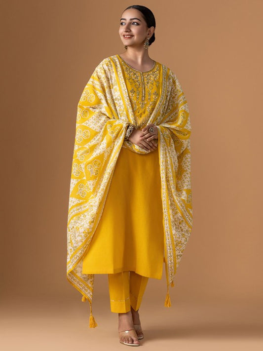 WOMEN PLUS Plus Size Floral Yoke Design Pure Cotton Kurta With Trouser & Dupatta