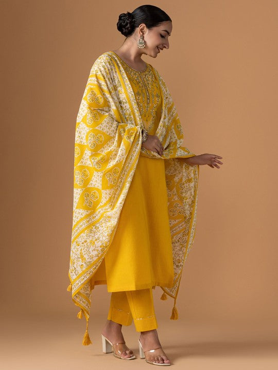 WOMEN PLUS Plus Size Floral Yoke Design Pure Cotton Kurta With Trouser & Dupatta