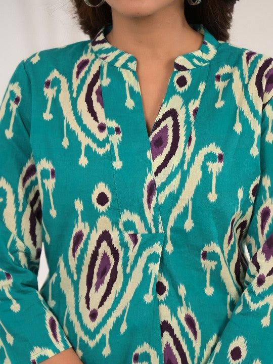 Printed Cotton V-Neck Tunic With Trousers Co-Ords