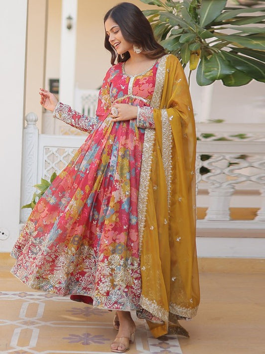 Fashion Basket Floral Printed Embroidered Round Neck Anarkali Kurta