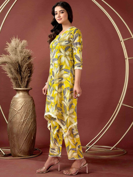 Floral Printed V-Neck Pure Cotton Tunic With Trousers