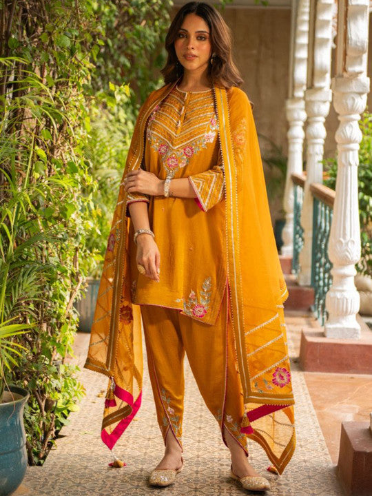 AJIESH OBEROI Floral Embroidered Thread Work Kurta With Dhoti Pants & Dupatta