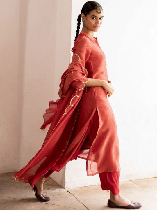 Mandarin Collar Sequinned Chanderi Cotton Kurta