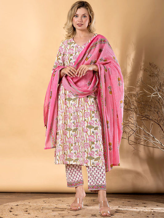 Floral Printed Straight Pure Cotton Kurta With Trousers & Dupatta