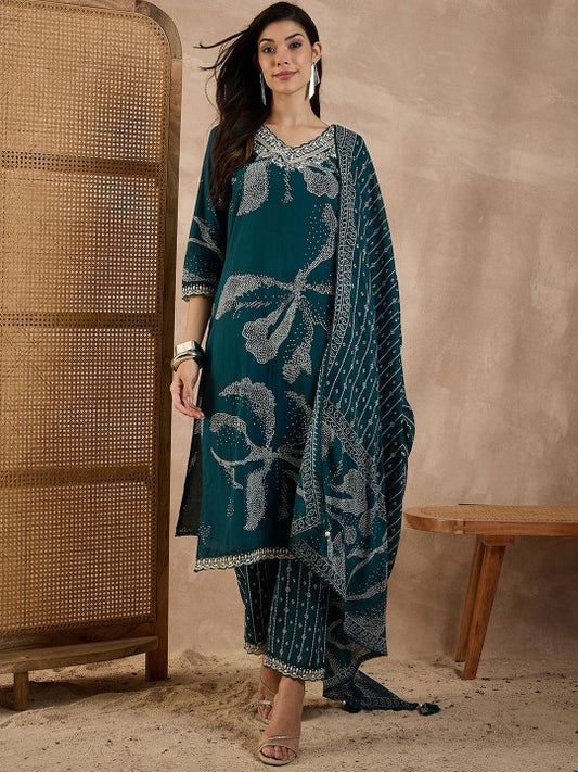 CHETI Bandhani Printed Beads and Stones Pure Cotton Kurta With Trousers & Dupatta