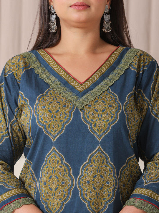 Yufta Plus Size Ethnic Motifs Printed V-Neck Pure Cotton Kurta With Trousers And Dupatta