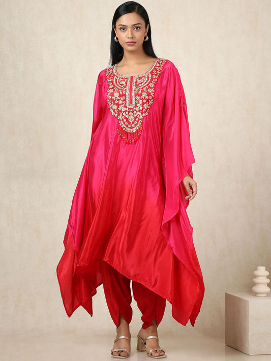 Floral Yoke Design Sequinned Silk Crepe Kaftan Kurta With Trouser