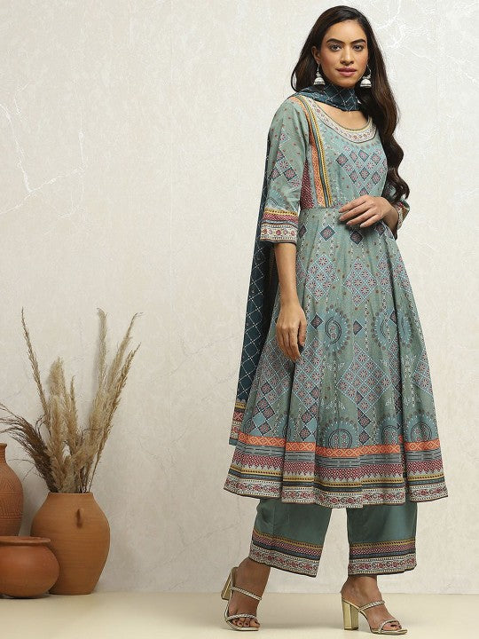 Biba Ethnic Motifs Printed Pure Cotton Anarkali Kurta With Palazzos & Dupatta