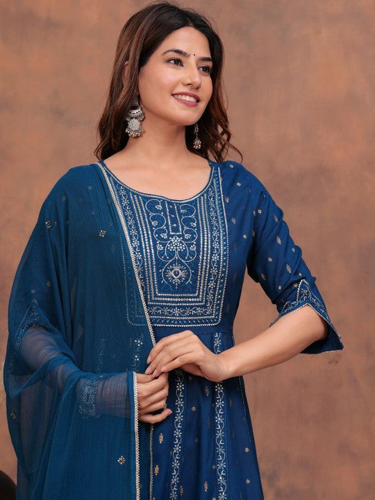 TOULIN Floral Printed Zari Anarkali Kurta With Palazzos & Dupatta