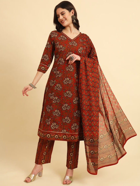 Yufta Women Floral Printed Regular Sequinned Pure Cotton Kurta with Trousers & With Dupatta