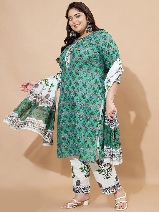 Vbuyz Green Floral Printed Round Neck Regular Straight Kurta With Trouser With Dupatta