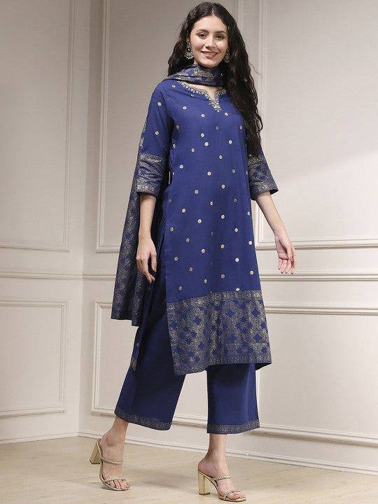 Biba Ethnic Motifs Woven Design Notch Neck Sequinned Pure Cotton Kurta Palazzos & Dupatta