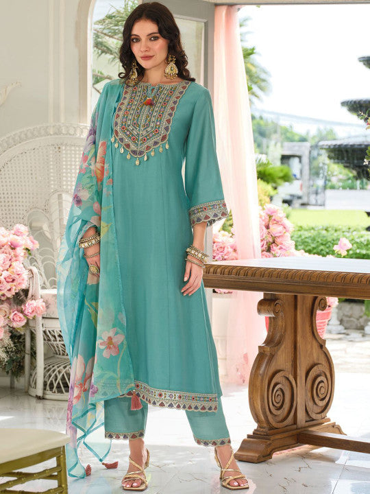 Indo Era Ethnic Motifs Embroidered Regular Mirror Work Kurta With Trousers & Dupatta