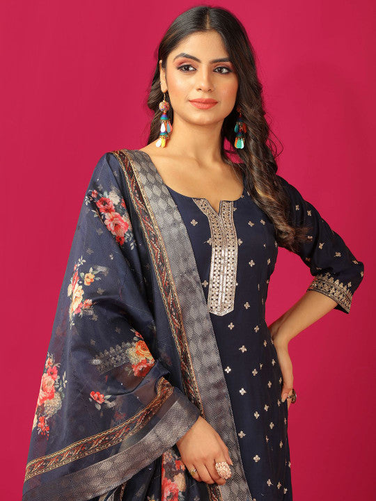 Floral Embroidered Pure Silk Anarkali Kurta With Trouser & Dupatta