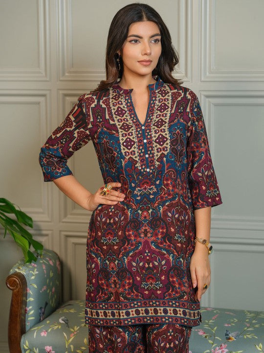 AUTUMN LANE Tashvika Jay Printed Mandarin Collar Pure Cotton Tunic With Palazzo Co-Ords
