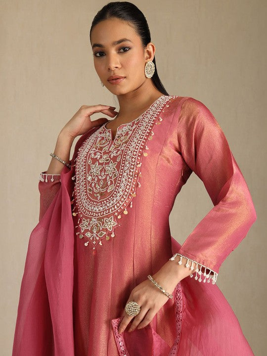 Floral Yoke Design Beads and Stones Panelled Anarkali Kurta