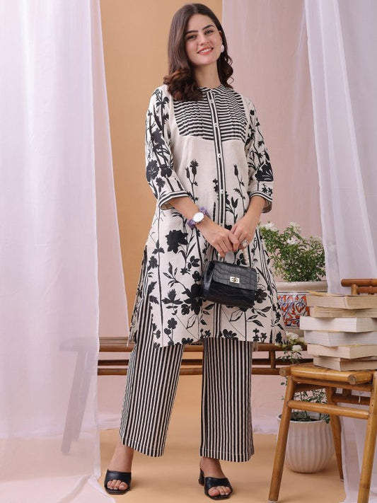 Printed Mandarin Collar Neck Tunic With Trousers Co-Ords
