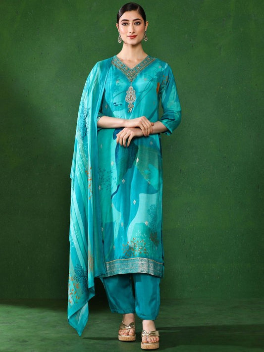 Jaipur Kurti Women Floral Embroidered Cotton Kurta with Trousers & Dupatta