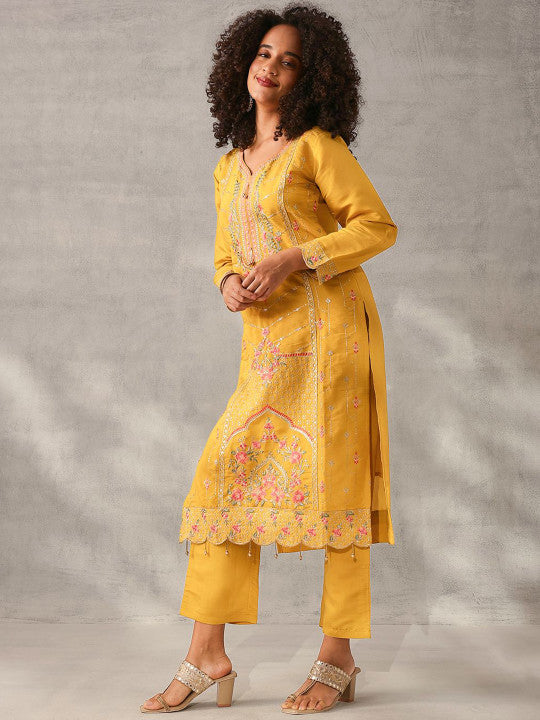 Ishin Mustard Floral Embroidered Sequinned Roman Silk Kurta With Trousers & Dupatta