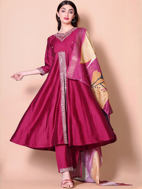 HERE&NOW Women Ethnic Motifs Printed Anarkali Kurta with Trouser & Dupatta
