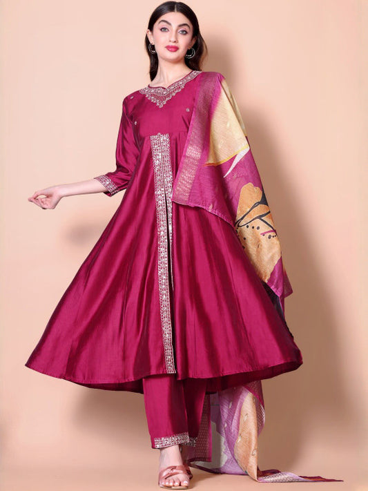 HERE&NOW Women Ethnic Motifs Printed Anarkali Kurta with Trouser & Dupatta