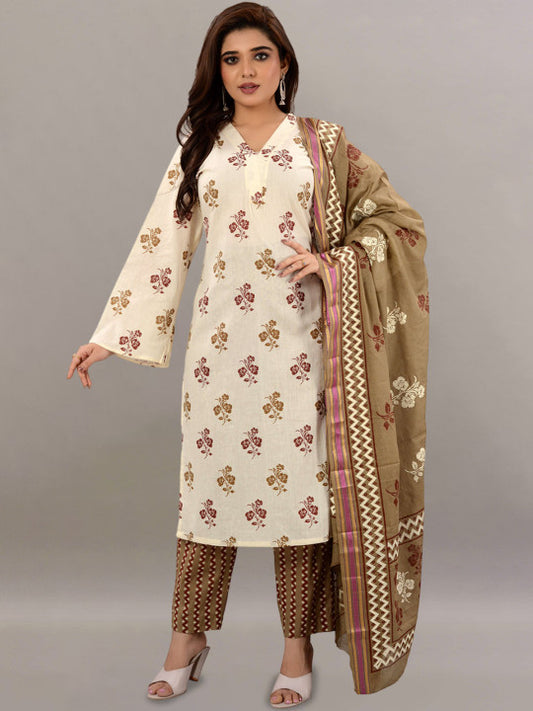 TROMBOO Floral Printed V-Neck Gotta Patti Straight Kurta With Trousers & Dupatta