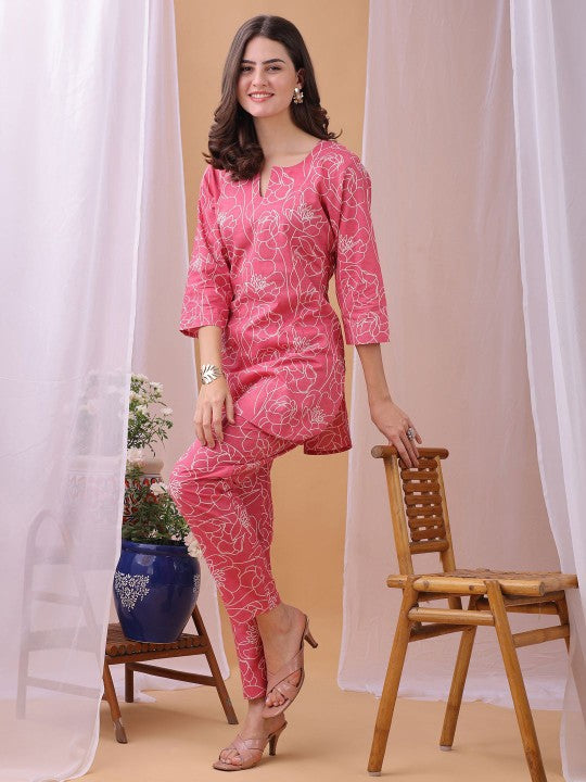 Fourleaf Floral Printed Pure Cambric Cotton Top With Trousers Co-Ords