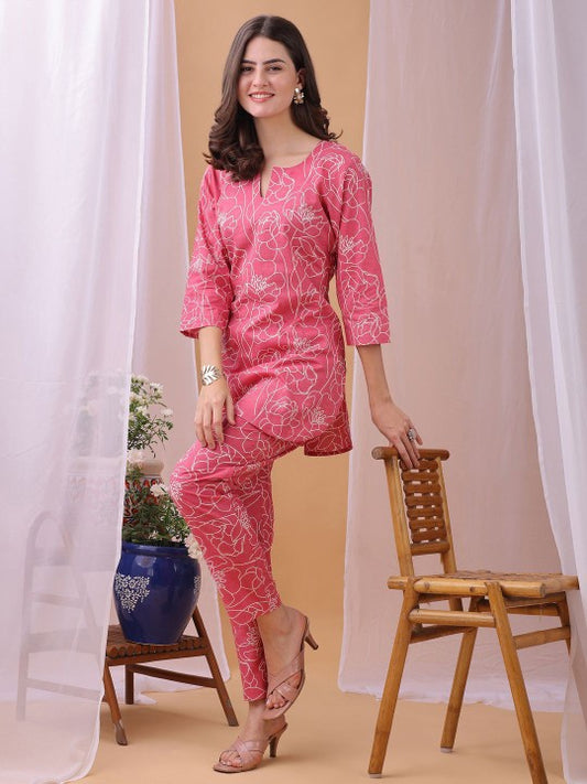 Fourleaf Floral Printed Pure Cambric Cotton Top With Trousers Co-Ords