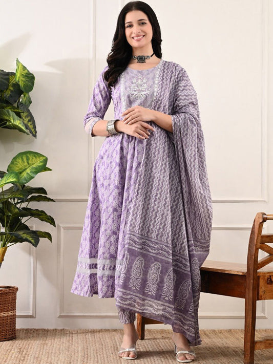 DHROOV TARA Printed Regular Thread Work Pure Cotton Kurta with Trousers & Dupatta