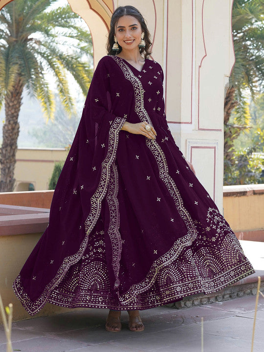 SWEETPEL Women Ethnic Motifs Embellished Sequinned Georgette Anarkali Kurta With Dupatta