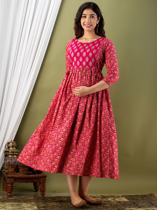 KURTI Ethnic Motifs Printed Round Neck Cotton Maternity Midi Ethnic Dresses