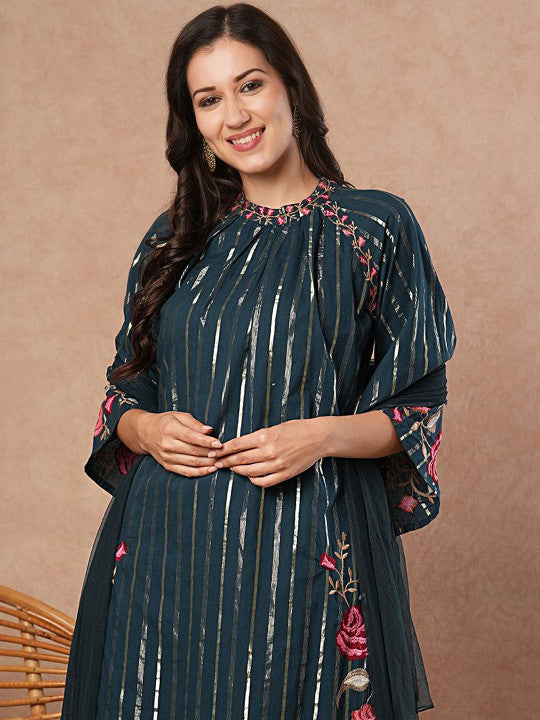 FASHOR Women Floral Embroidered Pleated Pure Cotton Kurta with Palazzos & With Dupatta
