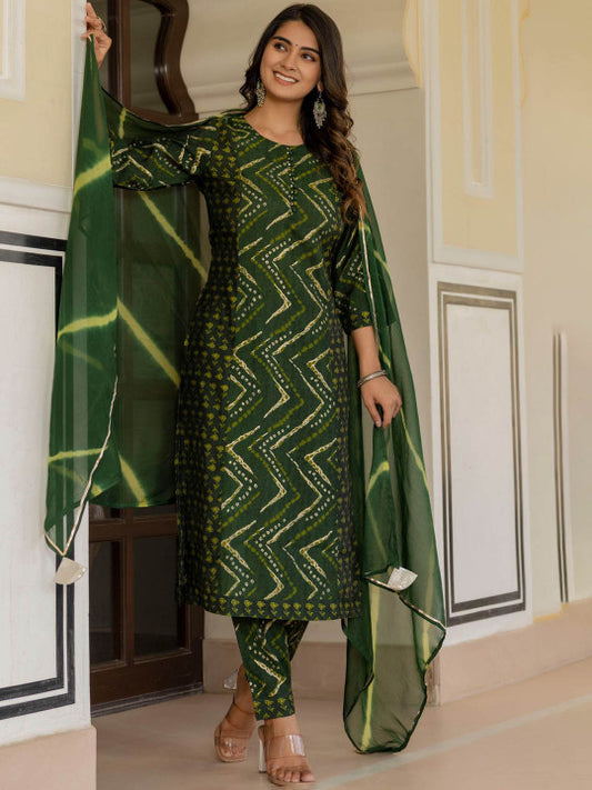 Printed Regular Chanderi Cotton Kurta with Trouser & With Dupatta