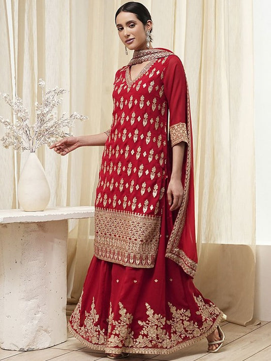 Biba Floral Embroidered V-Neck Sequinned Straight Kurta