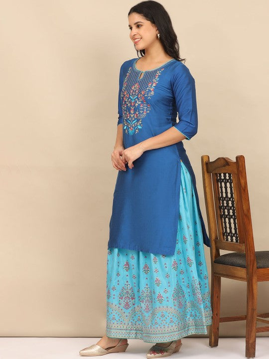 AURELIA Women Ethnic Motifs Yoke Design Regular Thread Work Kurta with Skirt & With Dupatta