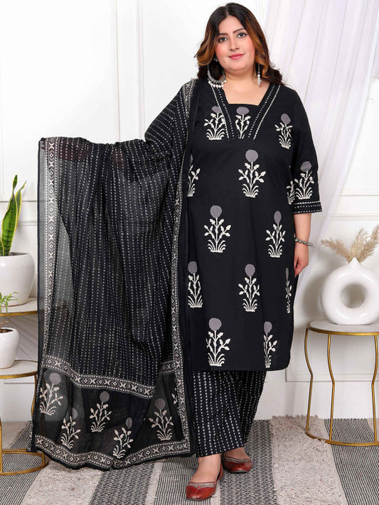 Doriyaan Plus Size Floral Printed V-Neck Pure Cotton Kurta With Trousers And Dupatta