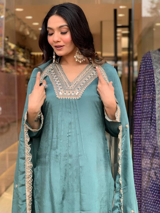 DEVATITHI Ethnic Motifs Embroidered Sequinned Pure Cotton Kurta with Palazzo & Dupatta