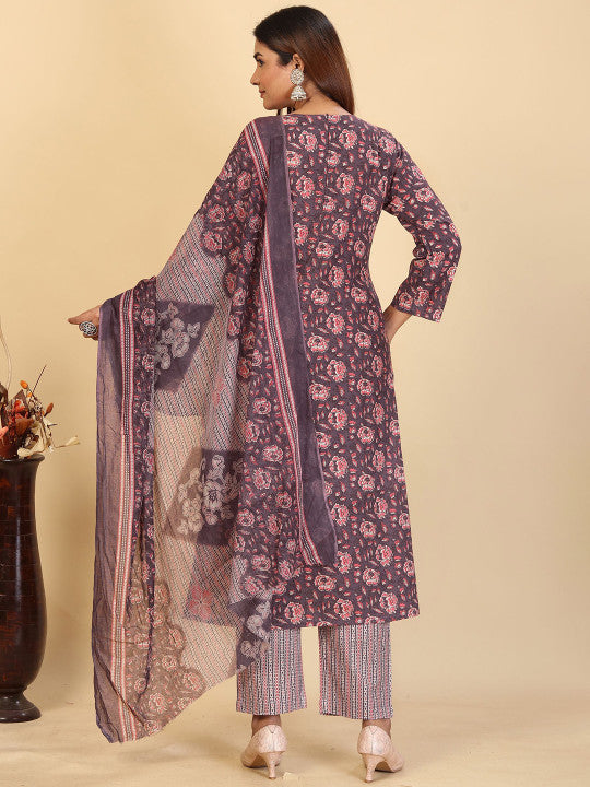 Floral Printed V Neck Pure Cotton Straight Kurta & Trousers With Dupatta