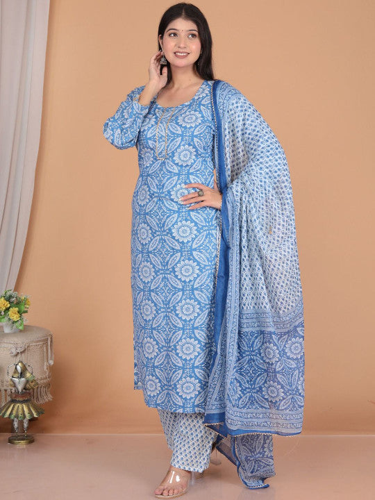 VL SAREES Ethnic Motifs Printed Round Neck Pure Cotton Kurta With Trouser With Dupatta