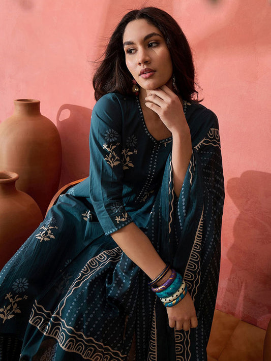 Floral Printed Straight Kurta & Trousers With Dupatta