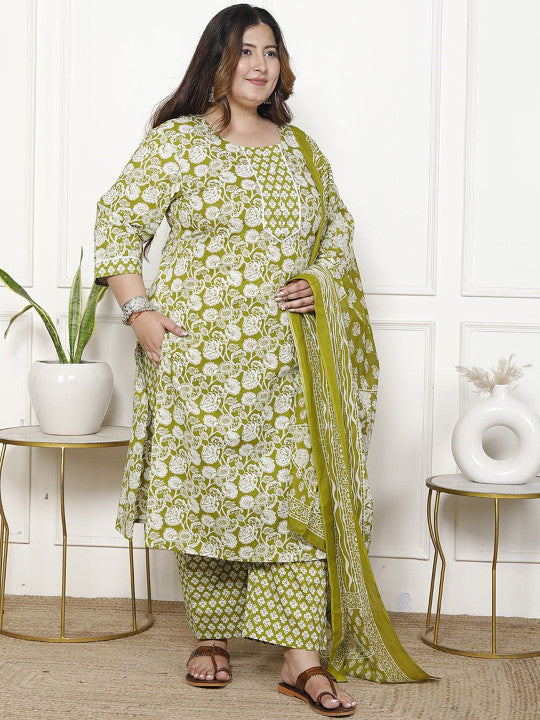 Swasti Women Floral Printed Regular Sequinned Pure Cotton Kurta with Trousers & With Dupatta