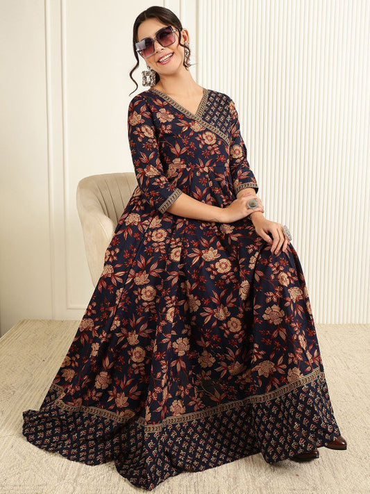 GULMOHAR JAIPUR Women Floral Print Fit & Flare Maxi Cotton Ethnic Dress