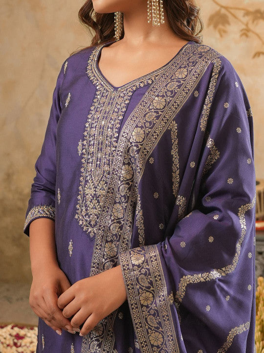 Indo Era Floral Embroidered Round Neck Zari Straight Kurta & Trousers With Dupatta